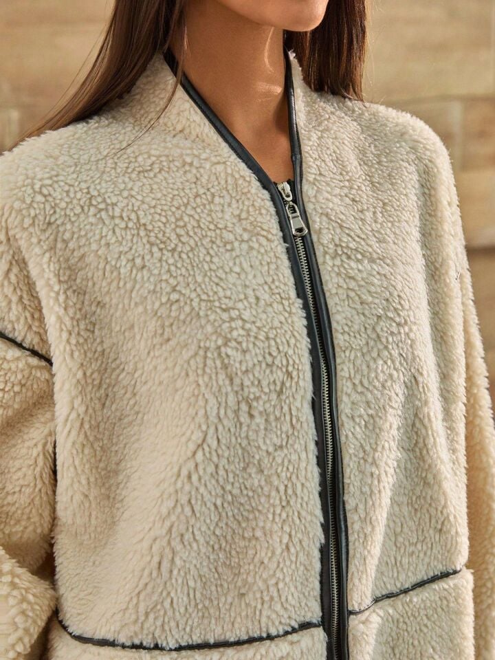 Peluş Oversize Deri Biyeli Kimono Yaka Mont Bej - XL