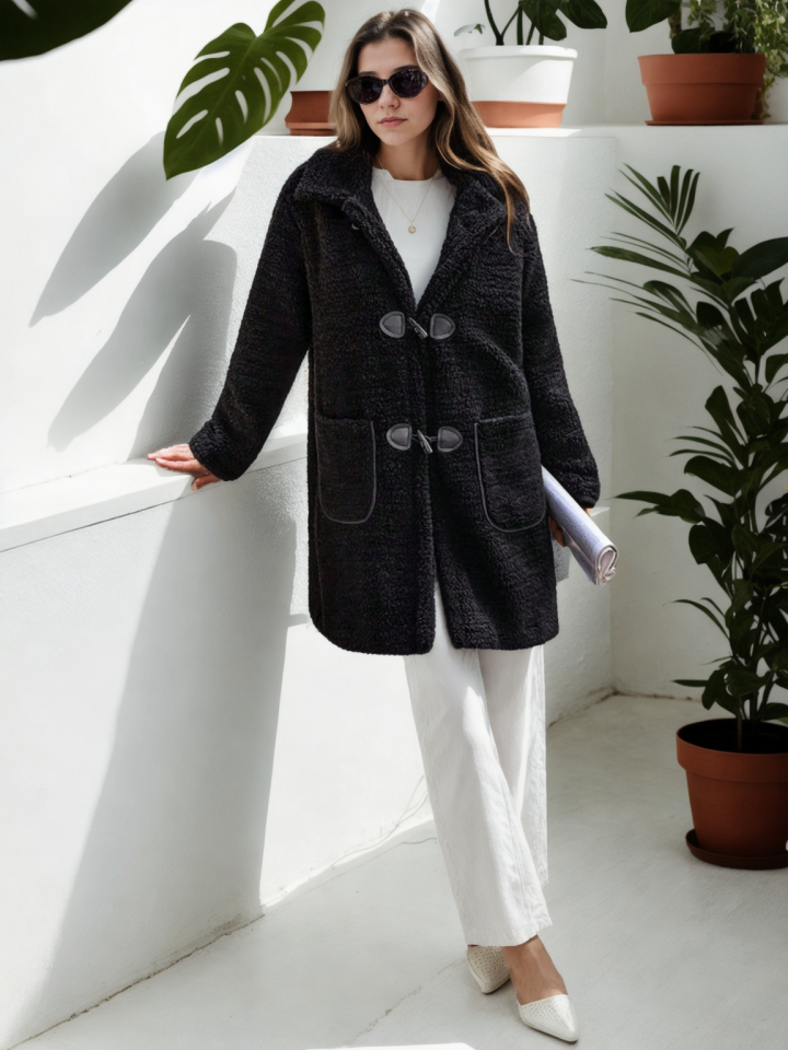 Peluş Kuzu Kıvırcık Rahat Kalıp Mont siyah - XL