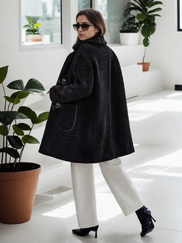 Peluş Kuzu Kıvırcık Rahat Kalıp Mont siyah - XL