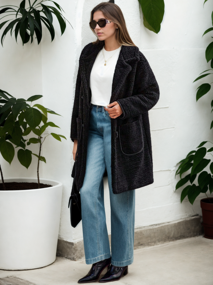 Peluş Kuzu Kıvırcık Rahat Kalıp Mont siyah - XL