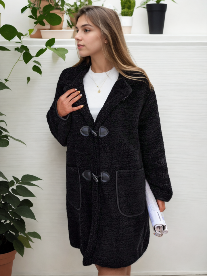 Peluş Kuzu Kıvırcık Rahat Kalıp Mont siyah - XL