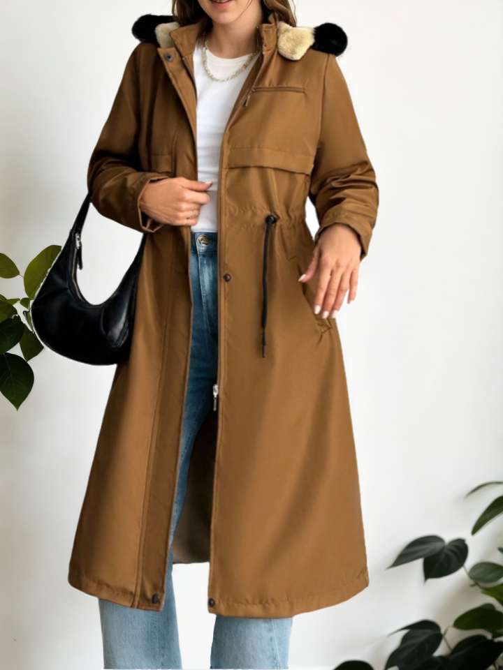 Uzun İçi Kürk Astarlı Bondik Kapüşonlu Mont Taba - XL