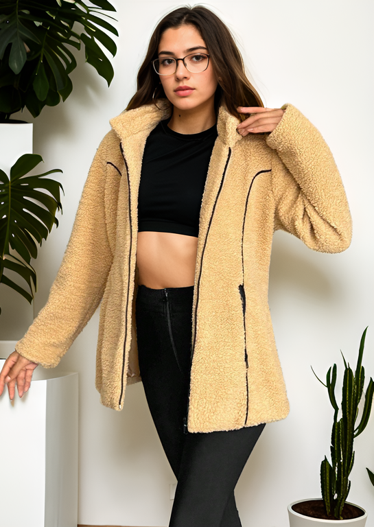 Kuzu Kıvırcık Kapüşonlu Deri Biyeli Mont Camel - XL