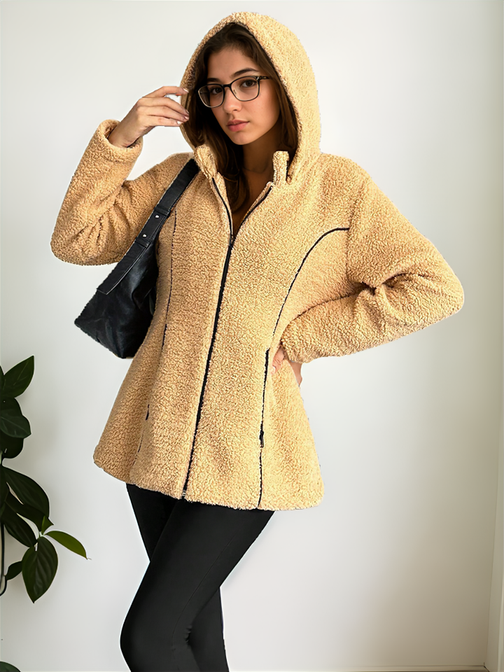 Kuzu Kıvırcık Kapüşonlu Deri Biyeli Mont Camel - XL