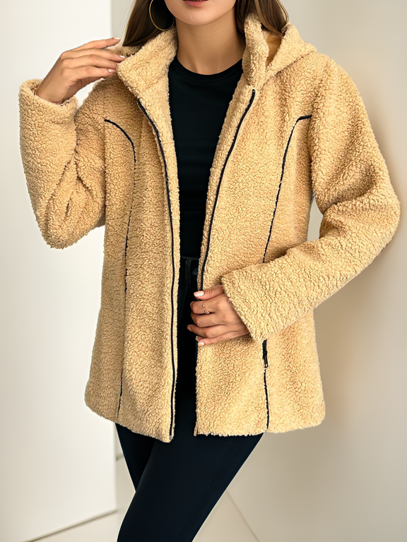Kuzu Kıvırcık Kapüşonlu Deri Biyeli Mont Camel - XL