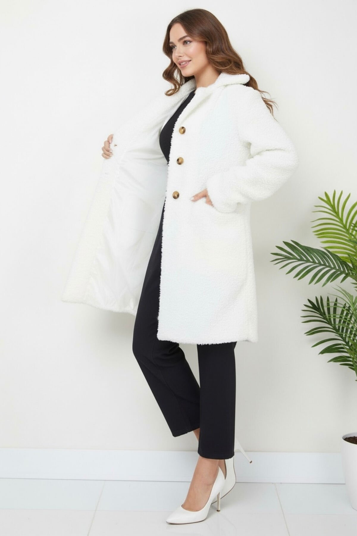 Kadın Peluş Önü Düğmeli Mont KS2531 Beyaz - 38