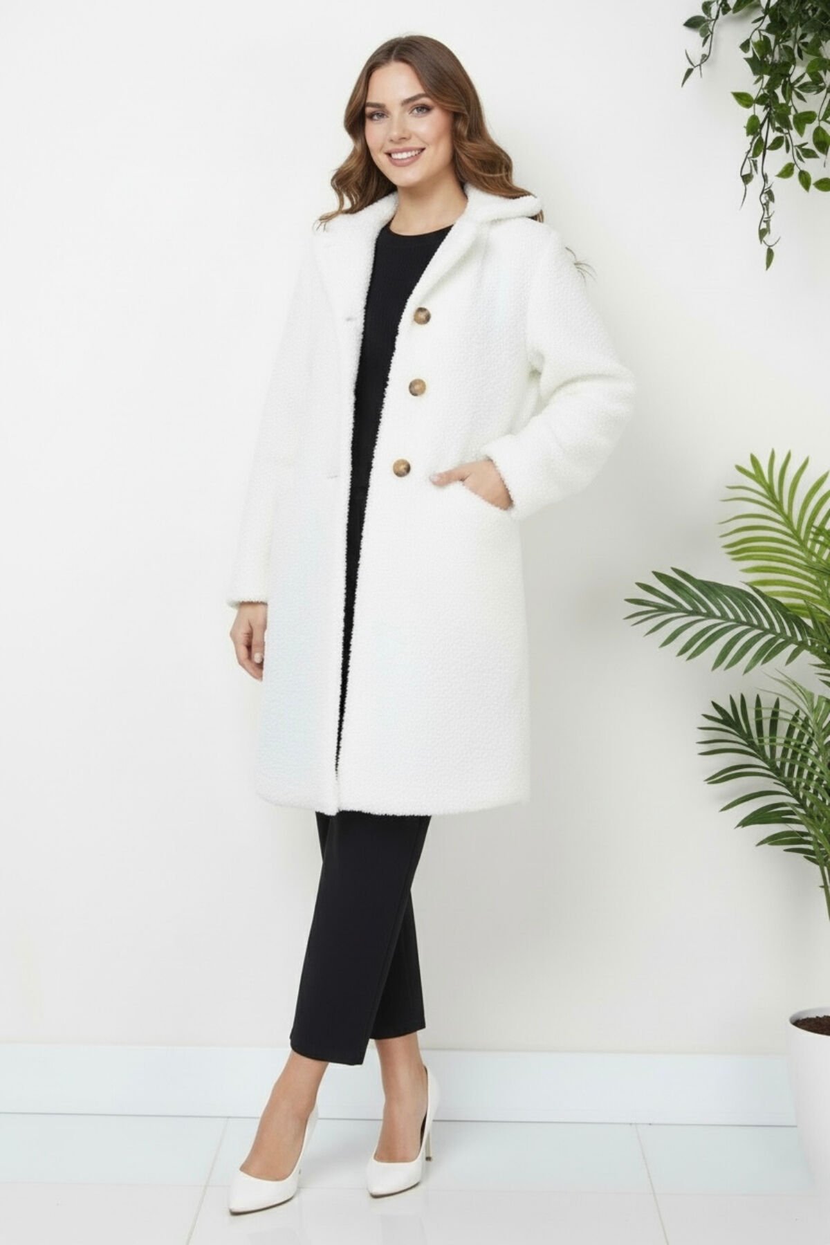 Kadın Peluş Önü Düğmeli Mont KS2531 Beyaz - 38