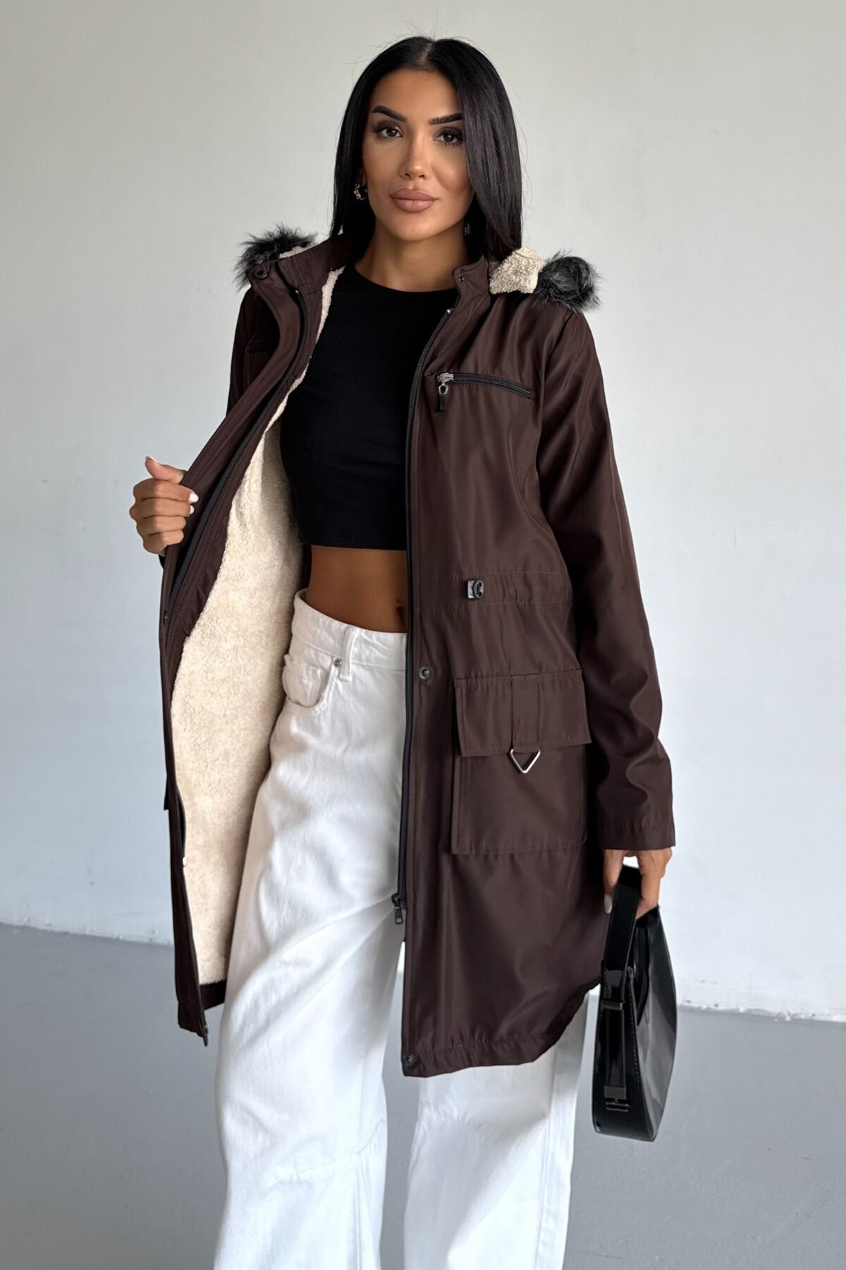 Bondit Kapüşonlu İçi Kürk Astarlı Mont KS2538