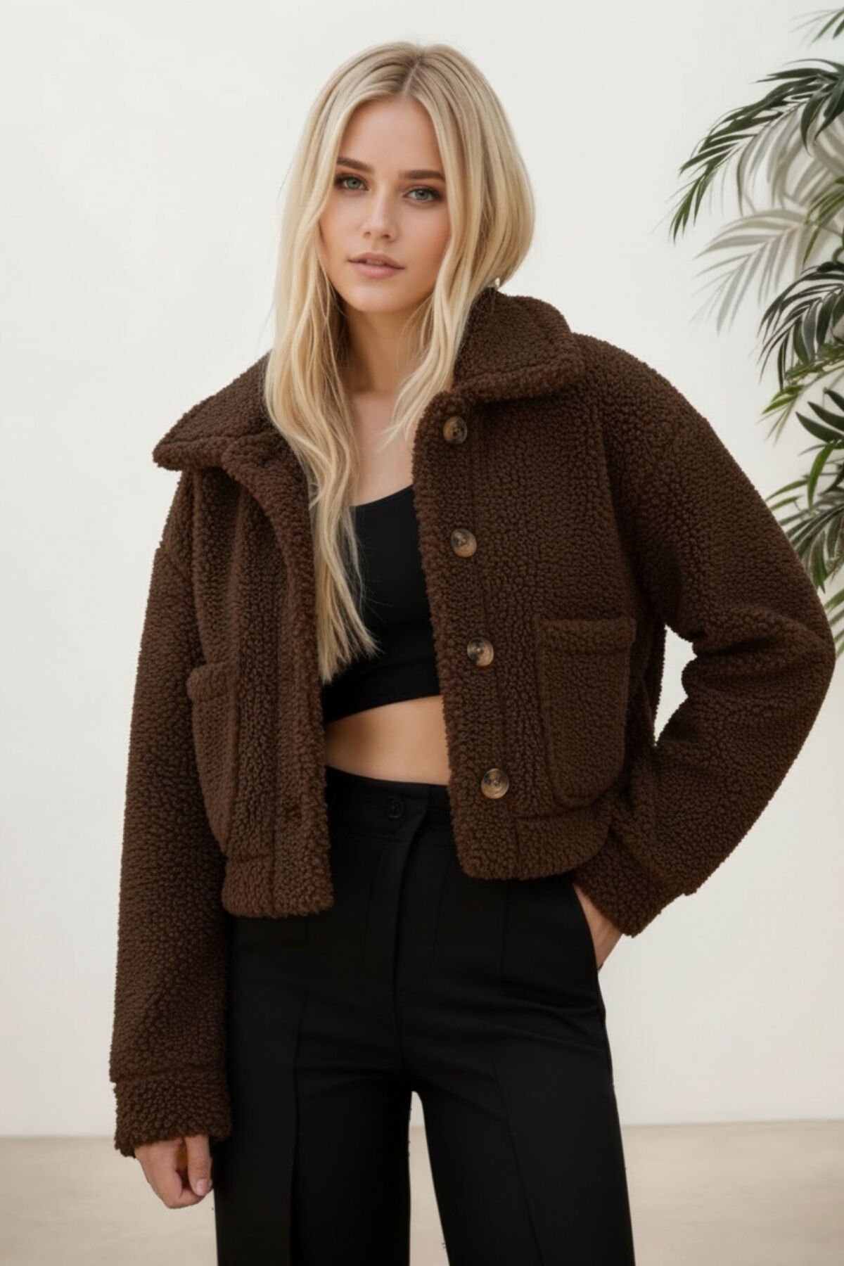 Peluş Düğmeli Geniş Yakalı Mont KS2543