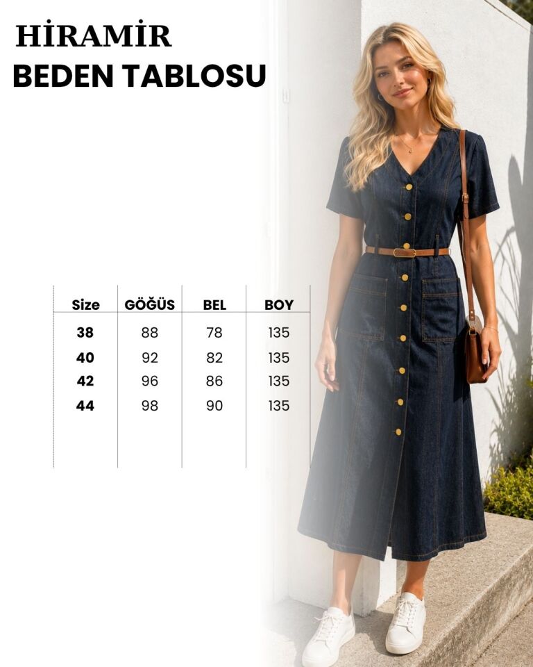 Kadın V Yaka Gold Düğme Aksesuarlı Kot Elbise YZ2734 Lacivert - 44