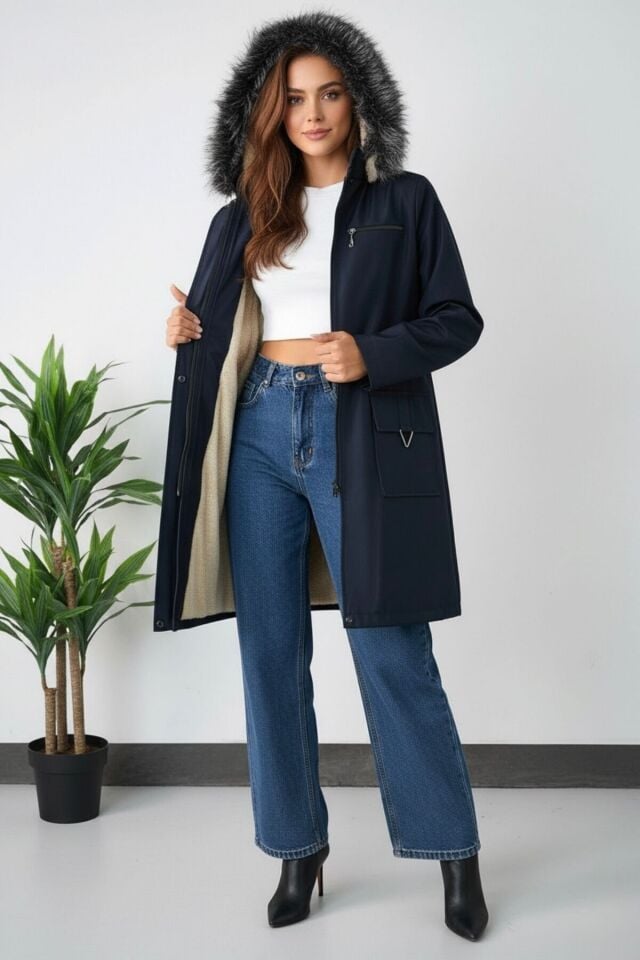 Yeni Sezon Kadın Kürk Kapüşonlu Astarlı Mont KS2562 M - Lacivert