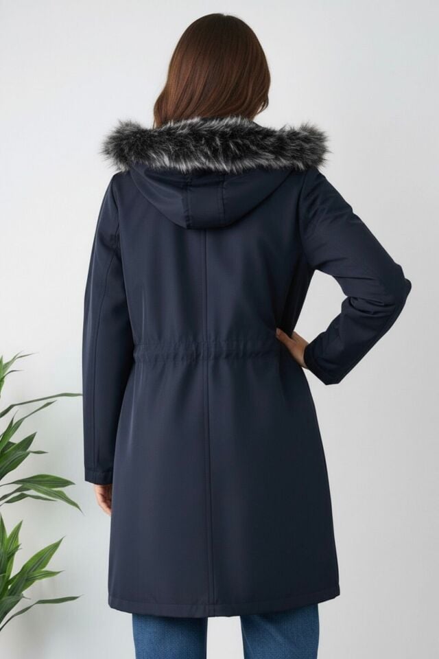 Yeni Sezon Kadın Kürk Kapüşonlu Astarlı Mont KS2562 M - Lacivert