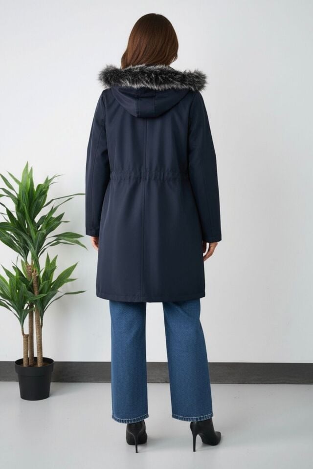 Yeni Sezon Kadın Kürk Kapüşonlu Astarlı Mont KS2562 M - Lacivert