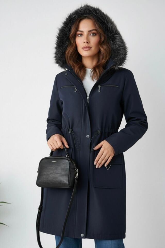 Yeni Sezon Kadın Kürk Kapüşonlu Astarlı Mont KS2562 M - Lacivert