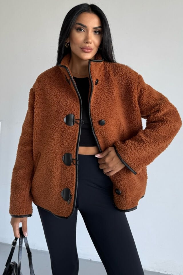 Peluş Deri Biyeli Çoban Düğmeli Mont KS2504 S - Tarçın
