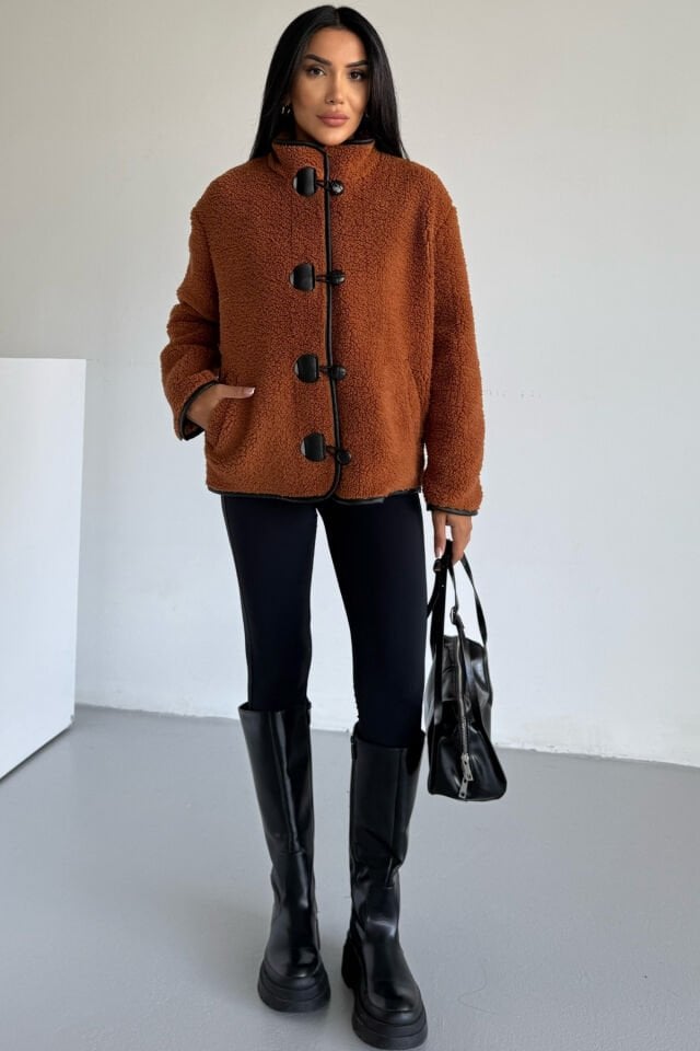 Peluş Deri Biyeli Çoban Düğmeli Mont KS2504 S - Tarçın