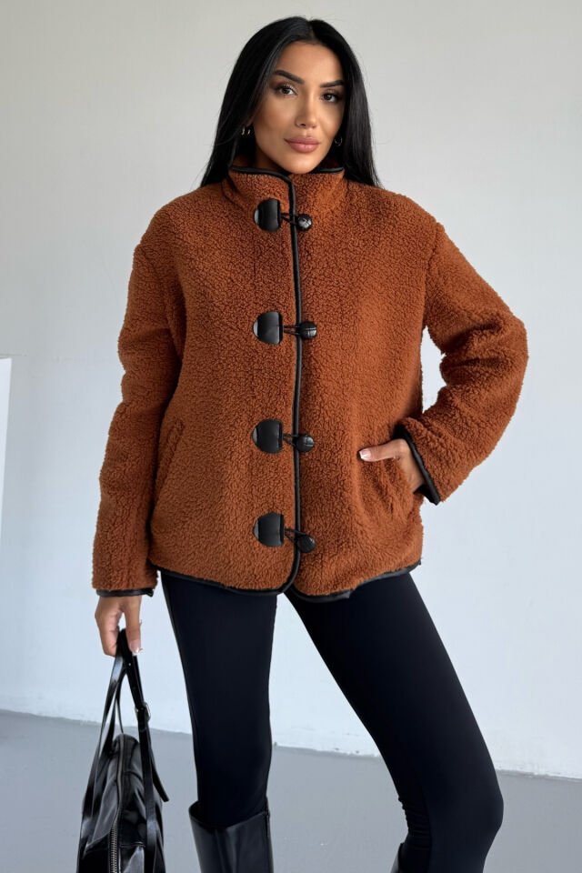 Peluş Deri Biyeli Çoban Düğmeli Mont KS2504 S - Tarçın