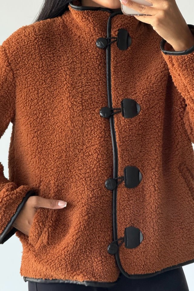 Peluş Deri Biyeli Çoban Düğmeli Mont KS2504 S - Tarçın