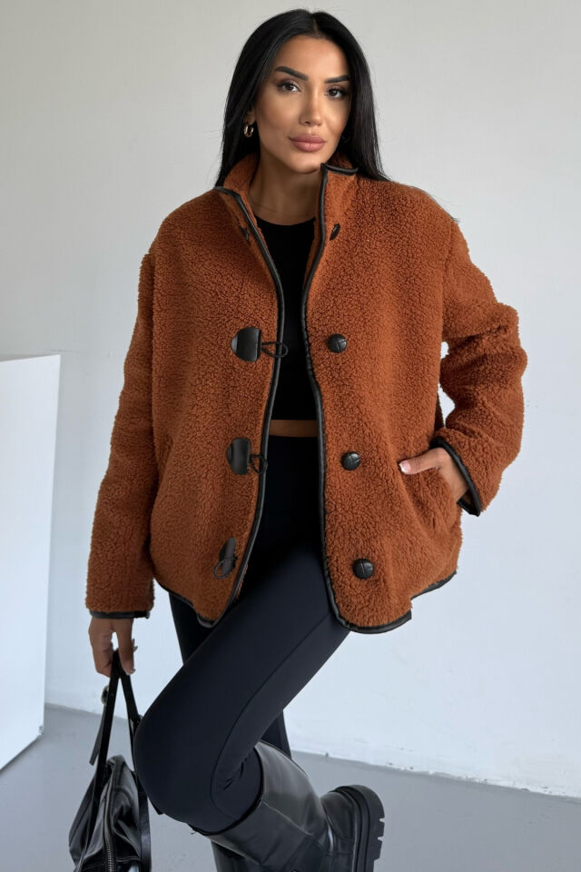 Peluş Deri Biyeli Çoban Düğmeli Mont KS2504 S - Tarçın