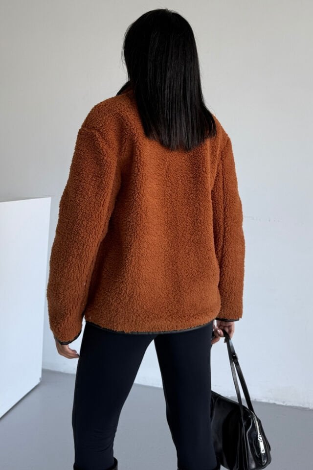 Peluş Deri Biyeli Çoban Düğmeli Mont KS2504 S - Tarçın