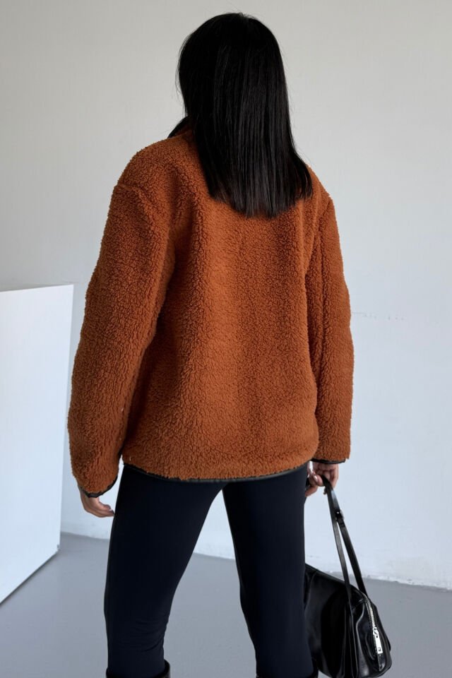 Peluş Deri Biyeli Çoban Düğmeli Mont KS2504 S - Tarçın