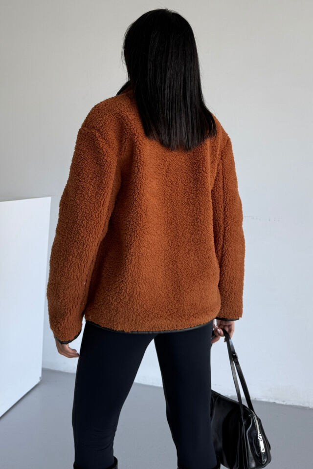 Peluş Deri Biyeli Çoban Düğmeli Mont KS2504 S - Tarçın