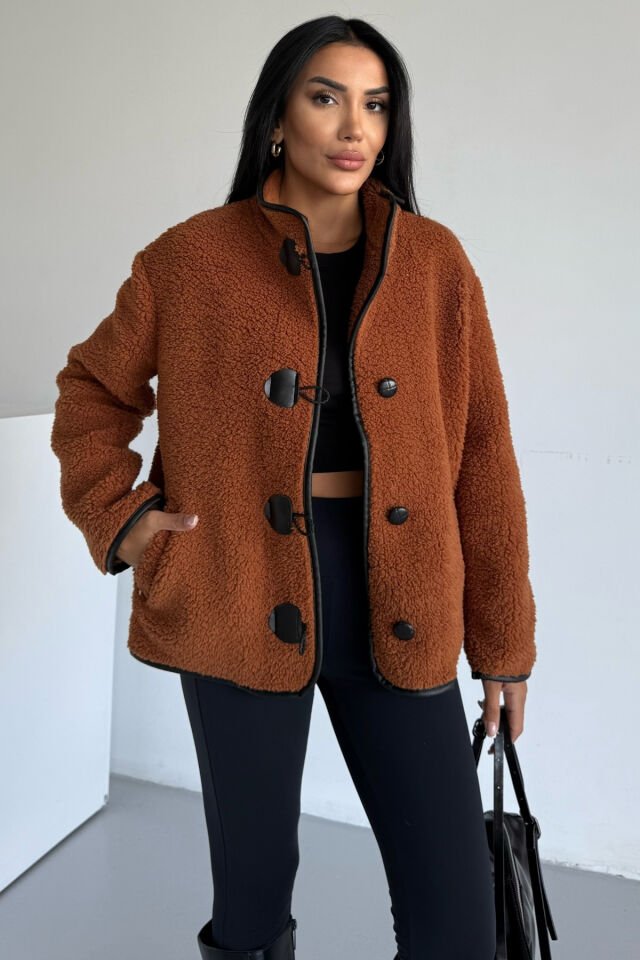 Peluş Deri Biyeli Çoban Düğmeli Mont KS2504 S - Tarçın