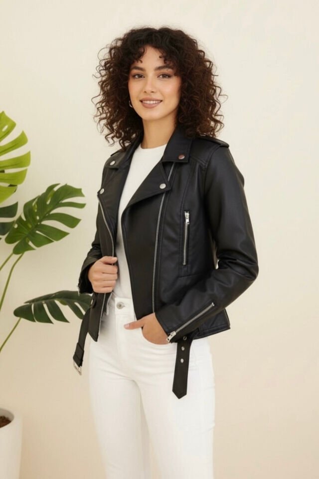 Kadın Yeni Sezon Polar Astarlı Suni Deri Mont Siyah KS2553 44 - siyah