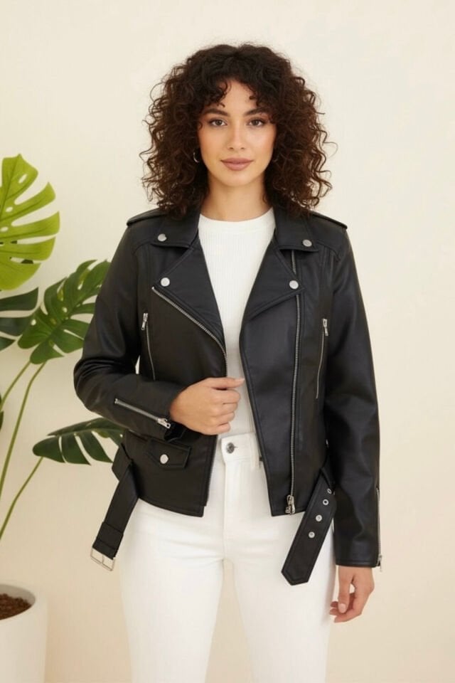 Kadın Yeni Sezon Polar Astarlı Suni Deri Mont Siyah KS2553 44 - siyah