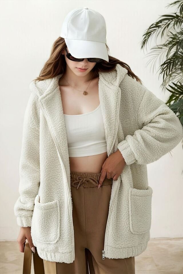 Peluş Kuzu Kıvırcık Torba Cepli Kolej Mont Siyah KS2526 S - Beyaz