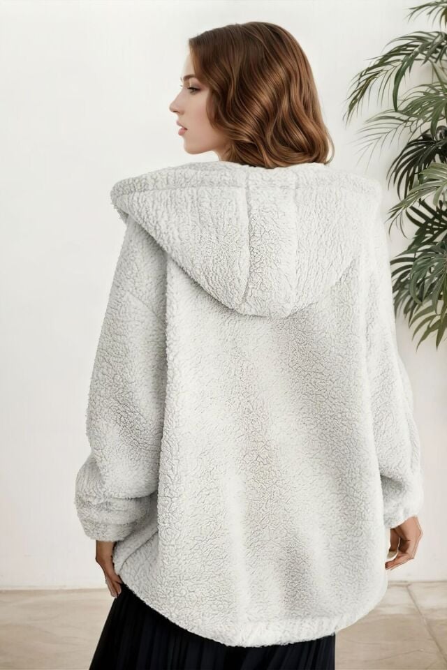 Peluş Kuzu Kıvırcık Torba Cepli Kolej Mont Siyah KS2526 S - Beyaz