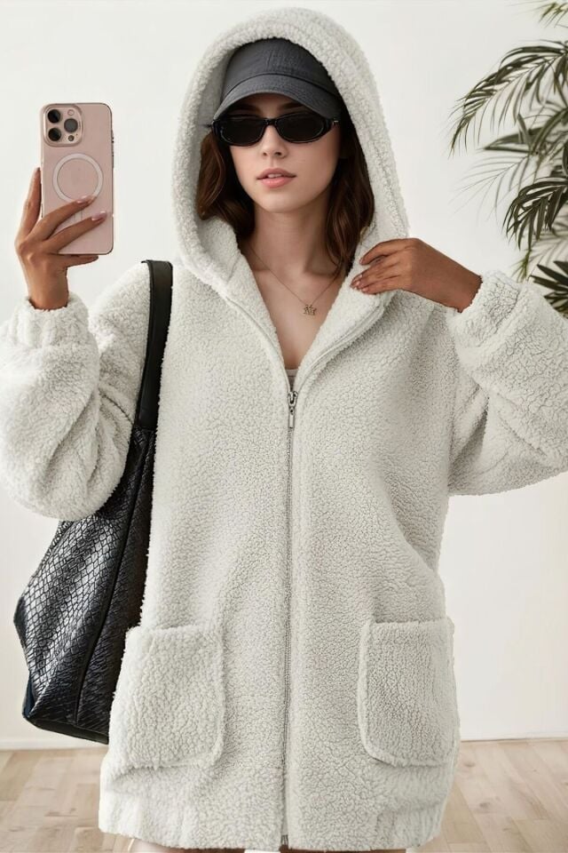 Peluş Kuzu Kıvırcık Torba Cepli Kolej Mont Siyah KS2526 S - Beyaz