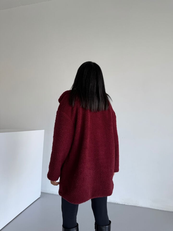 Peluş Kuzu Kıvırcık Deri Tokalı Mont Bordo - XL