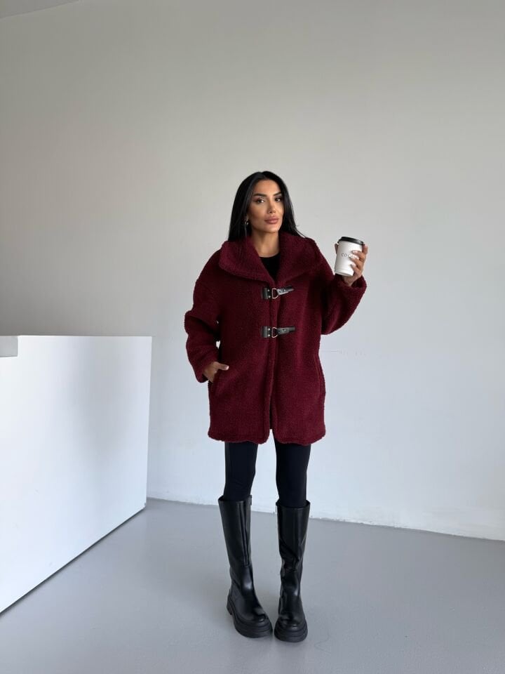 Peluş Kuzu Kıvırcık Deri Tokalı Mont Bordo - XL