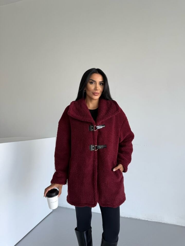 Peluş Kuzu Kıvırcık Deri Tokalı Mont Bordo - XL