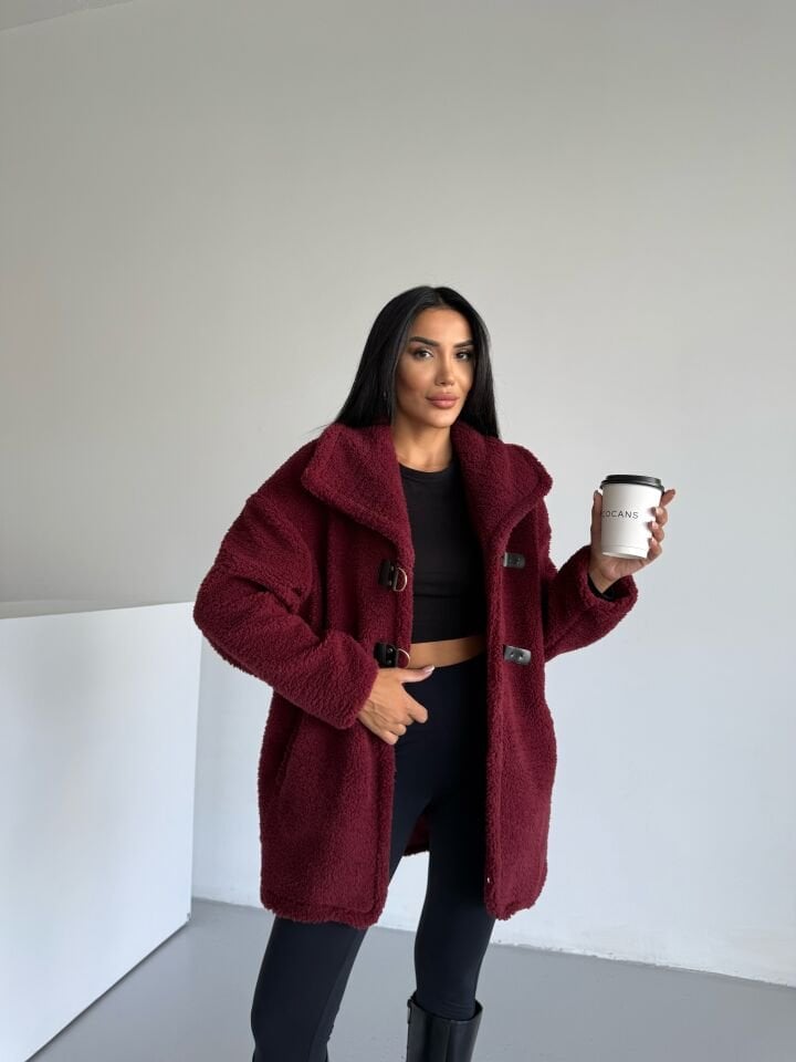 Peluş Kuzu Kıvırcık Deri Tokalı Mont Bordo - XL
