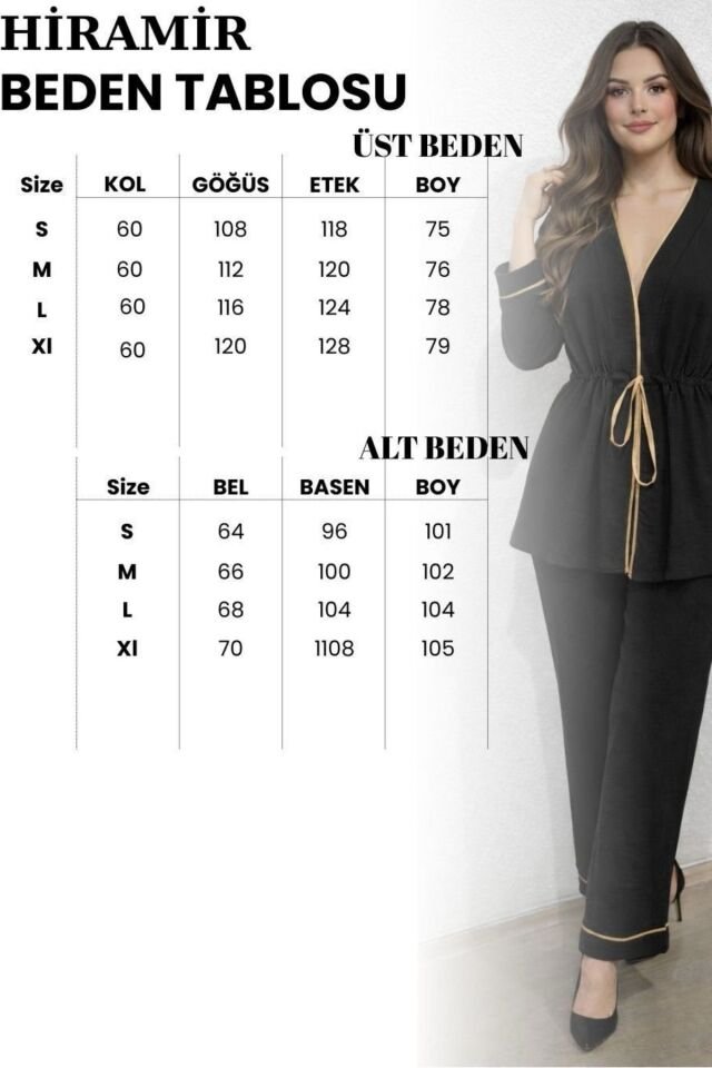 Kadın Belden Bağlamalı Bluz Pantolon Takım YZ2511 Füme - XL