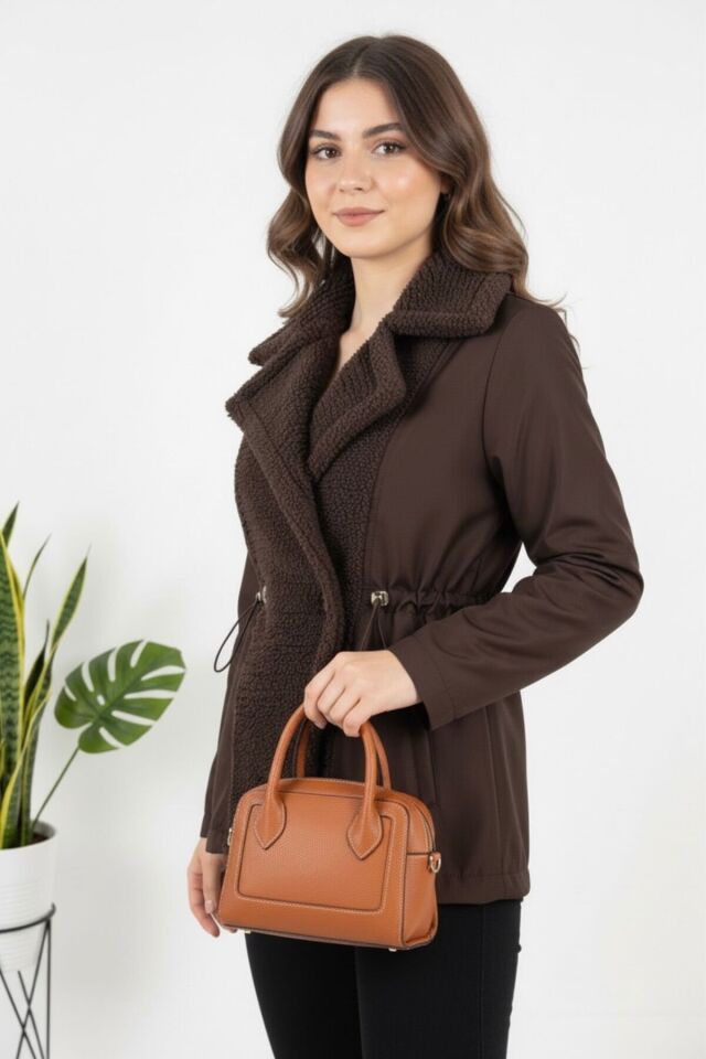 Yeni Sezon Önü Peluş Detaylı Kadın Düğmeli Mont KS2572 L - Kahverengi