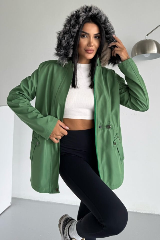 Bondik Seyyar Kapüşonlu İçi Suni Kürk Mont