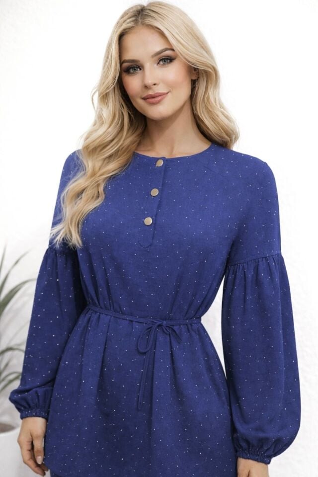 Kadın Taş Detaylı Beli Bağlamalı Bluz Pantolon Takım YZ2512 Lacivert - XL
