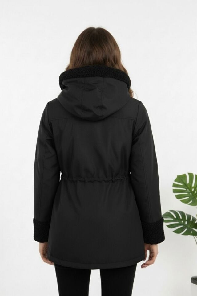 Peluş Detaylı Rüzgar Geçirmez Kürk Astarlı Kadın Mont KS2571 S - siyah