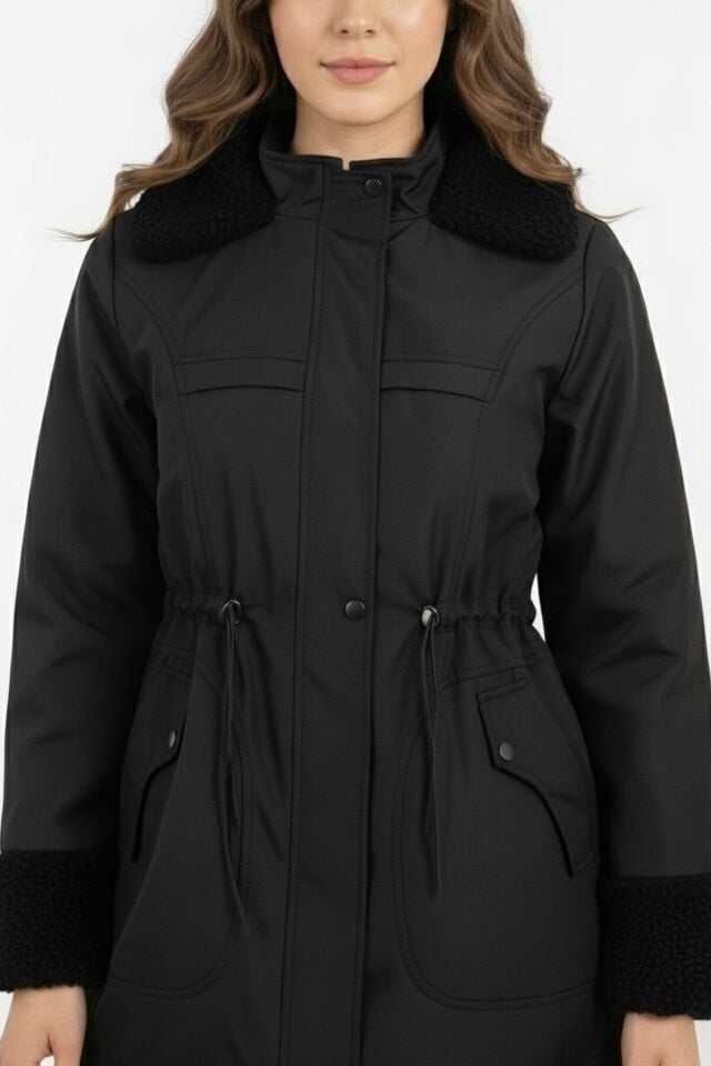 Peluş Detaylı Rüzgar Geçirmez Kürk Astarlı Kadın Mont KS2571 S - siyah