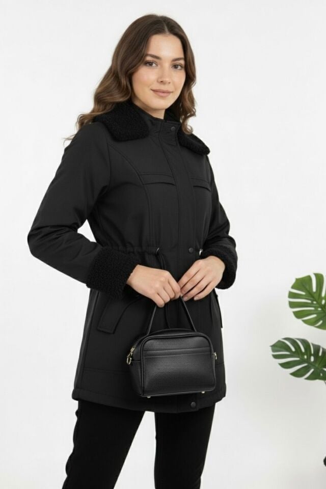 Peluş Detaylı Rüzgar Geçirmez Kürk Astarlı Kadın Mont KS2571 S - siyah