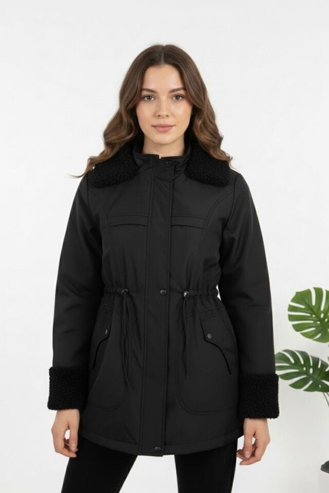 Peluş Detaylı Rüzgar Geçirmez Kürk Astarlı Kadın Mont KS2571 S - siyah