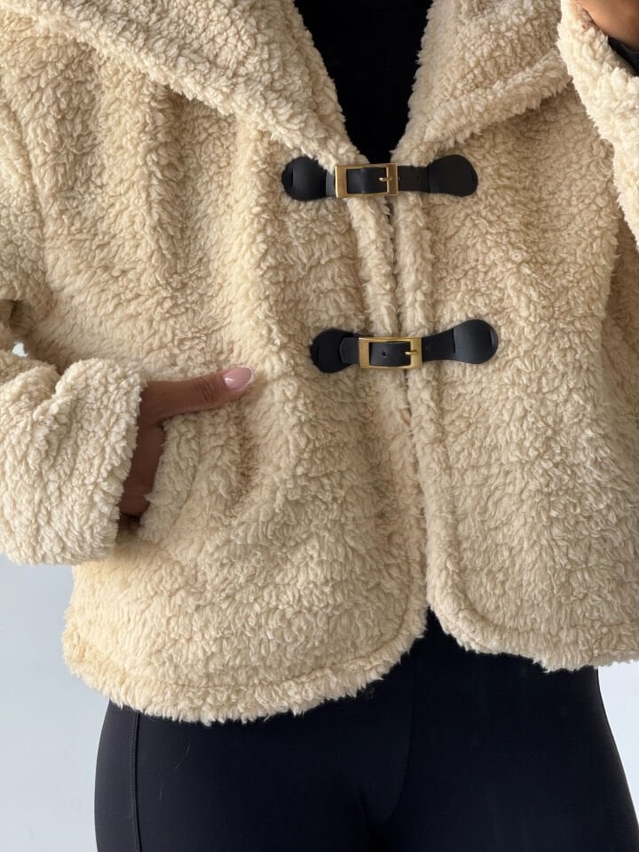 Peluş Deri Tokalı Geniş Yakalı Mont Bej - XL