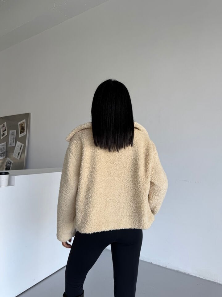 Peluş Deri Tokalı Geniş Yakalı Mont Bej - XL
