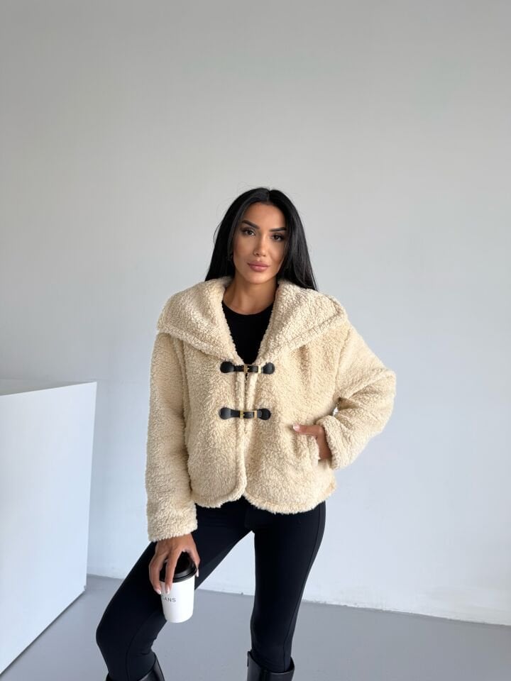 Peluş Deri Tokalı Geniş Yakalı Mont Bej - XL