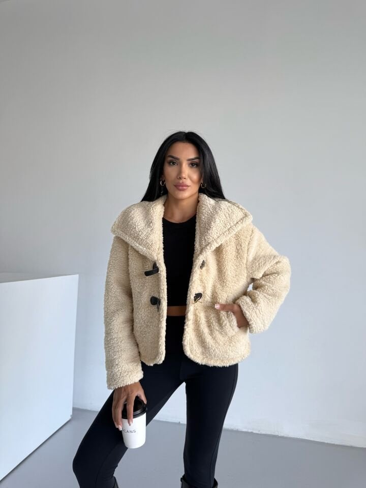 Peluş Deri Tokalı Geniş Yakalı Mont Bej - XL
