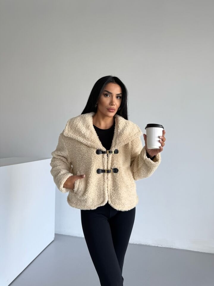 Peluş Deri Tokalı Geniş Yakalı Mont Bej - XL