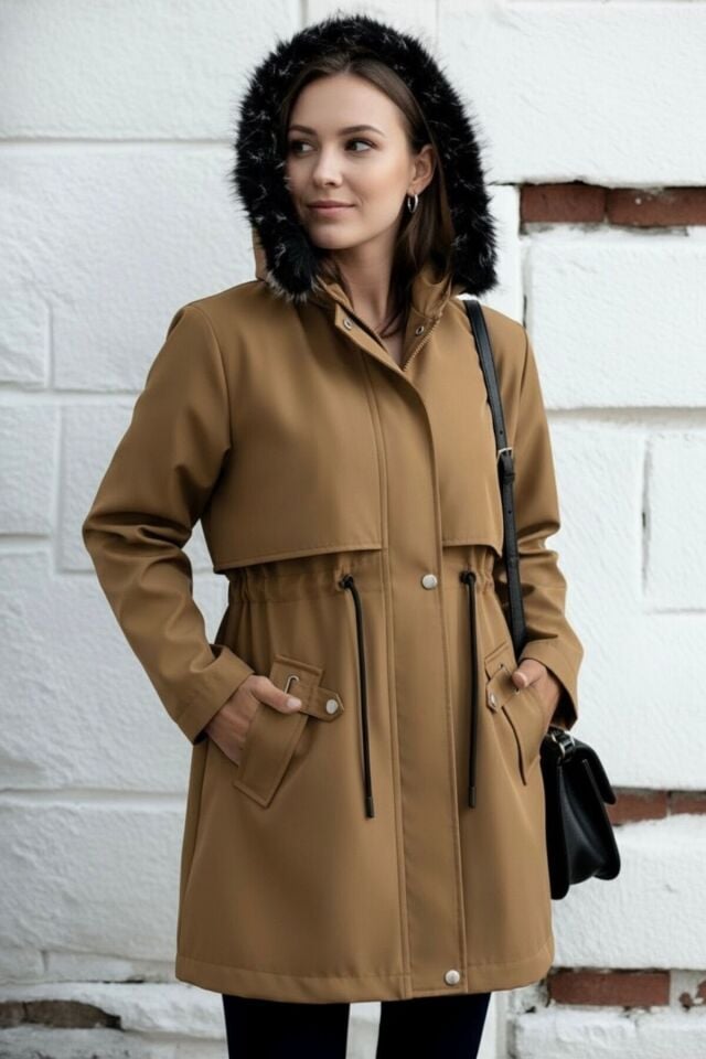 Kapüşonlu Kürk Astarlı Fermuarlı Mont KS2529 42 - Taba